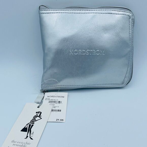 NORDTROM Silver Metallic Reusable eco-chic Tote Bag NEW NIP Faux Leather - Picture 1 of 10